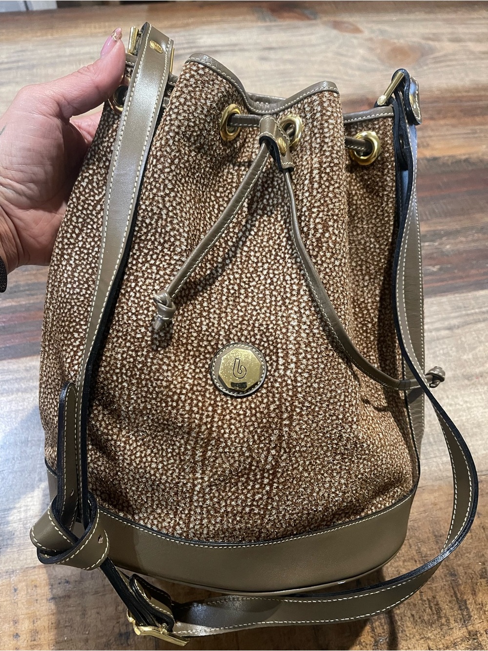 Bettina Taupe Textured Drawstring Bucket Bag with Gold Hardware